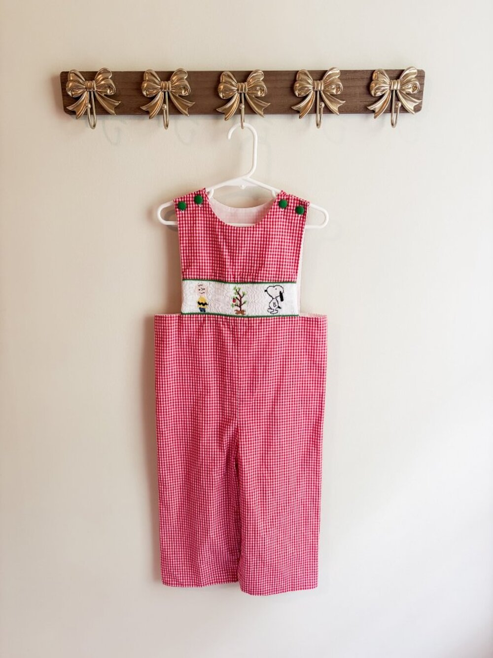 Seaux Southern Smocked 3T Red Gingham Overalls with Snoopy Embroidery